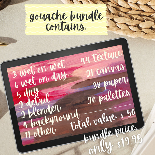 Realistic Gouache Bundle for Procreate. Lifelike Wet and Dry Gouache Brushes, Paper Texture, Canvas Brushes, Color Palettes, Texture Brushes